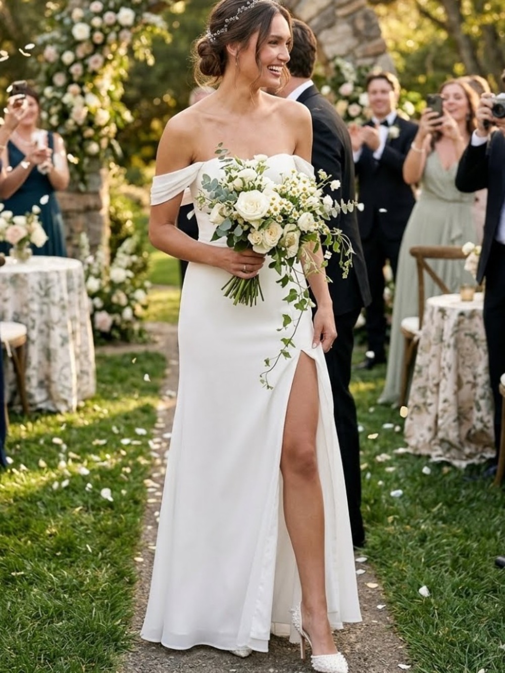 New Lulus Off-Shoulder White Bridal Gown with Side Slit Sz Small